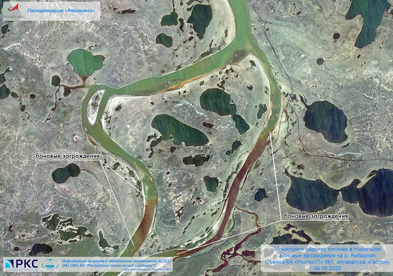 Спутниковый снимок разлива дизельного топлива в Норильске